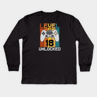 Level 18 Unlocked, Retro 18th Birthday Gamer Kids Long Sleeve T-Shirt